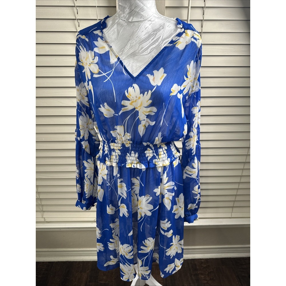 Tommy Hilfiger Dress Size 10 Floral Print Long Sleeve Sheer Blue Yellow Daisy